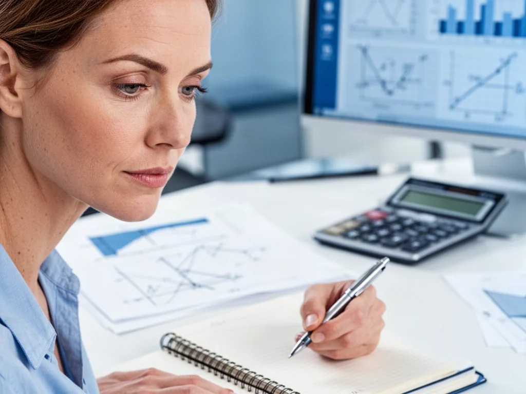Kobieta zamyślona nad notatnikiem z kalkulatorem w tle, ilustrująca proces obliczeń matematycznych.