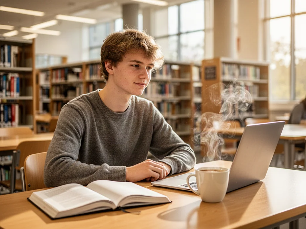 Studentka ucząca się przy biurku w nowoczesnej bibliotece uniwersyteckiej w otoczeniu książek i laptopa.