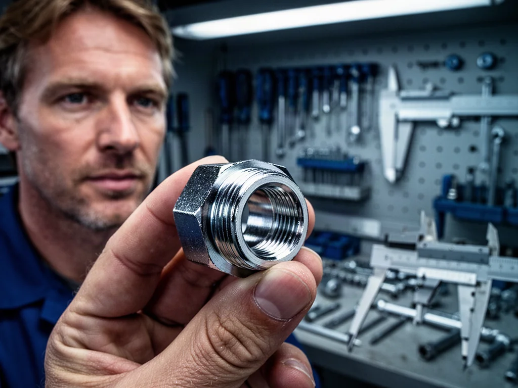 Zbliżenie na metalową złączkę hydrauliczną 3/8 cala trzymaną w dłoni, ukazujące precyzyjny gwint w profesjonalnym warsztacie.
