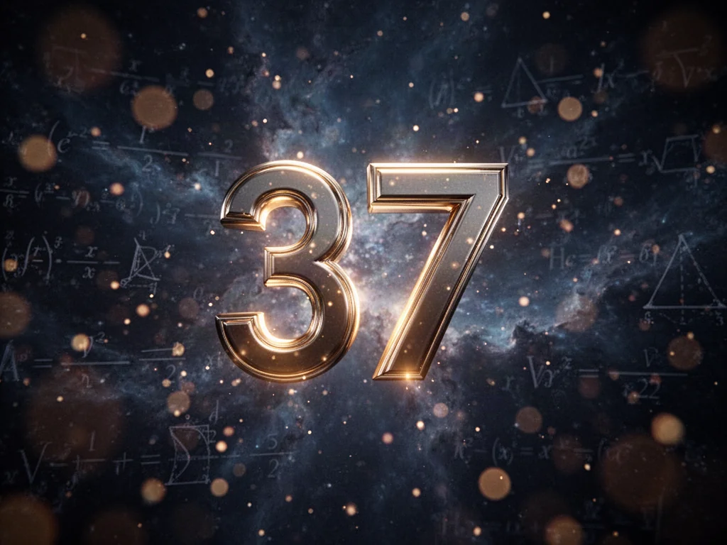 Świecąca, metaliczna liczba 37 unosząca się na tle kosmicznej mgławicy z subtelnymi wzorami matematycznymi.