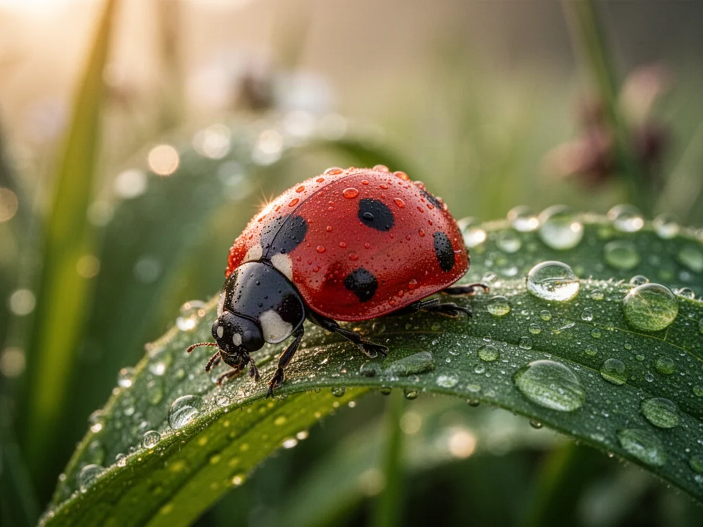 Biedronka z charakterystycznymi czarnymi kropkami odpoczywająca na soczyście zielonym liściu w słonecznym ogrodzie.