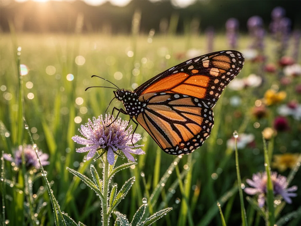 Barwny motyl monarcha odpoczywający na polnym kwiecie w promieniach zachodzącego słońca.