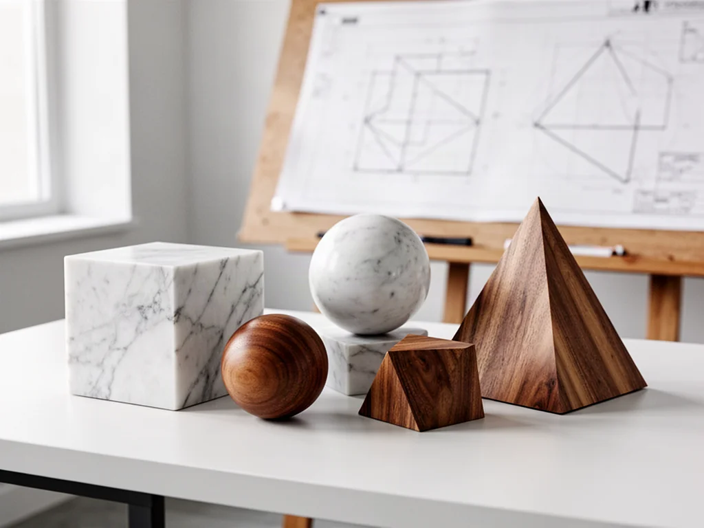 Bryły geometryczne, takie jak sześcian, kula i ostrosłup, ustawione na minimalistycznym biurku w pracowni architektonicznej.
