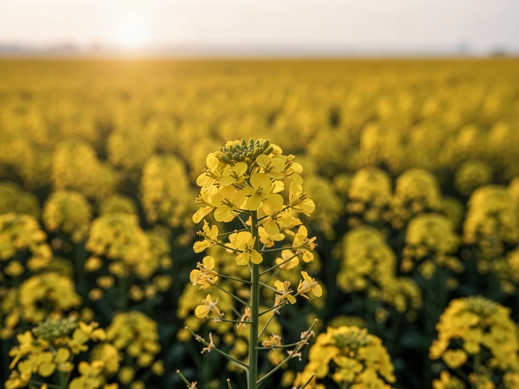 Kwitnące pole rzepaku z wyraźnym kwiatem na pierwszym planie, ukazujące intensywnie żółte rośliny w porannym słońcu.
