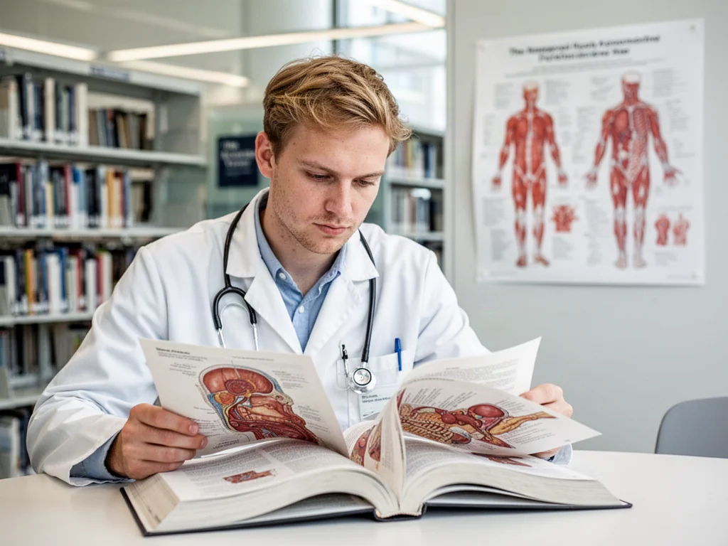 Student medycyny skupiony na nauce anatomii z podręcznika w nowoczesnej bibliotece.