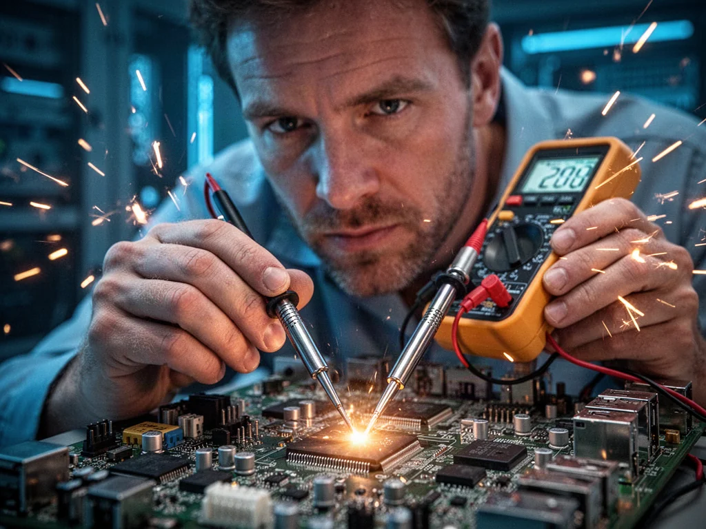 Specjalista mierzy natężenie prądu na płytce elektronicznej za pomocą multimetru w profesjonalnym, nowoczesnym otoczeniu.
